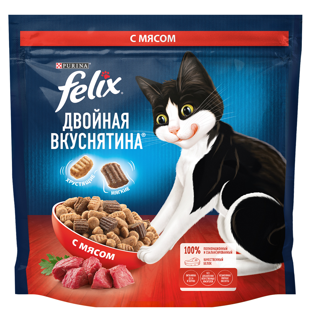 Felix Двойная Вкуснятина сухой корм для взрослых кошек для взрослых кошек с мясом, 1,3 кг