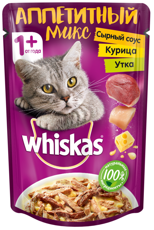 

Whiskas Аппетитный микс влажный корм для кошек, с уткой и курицей в сырном соусе, 85 г