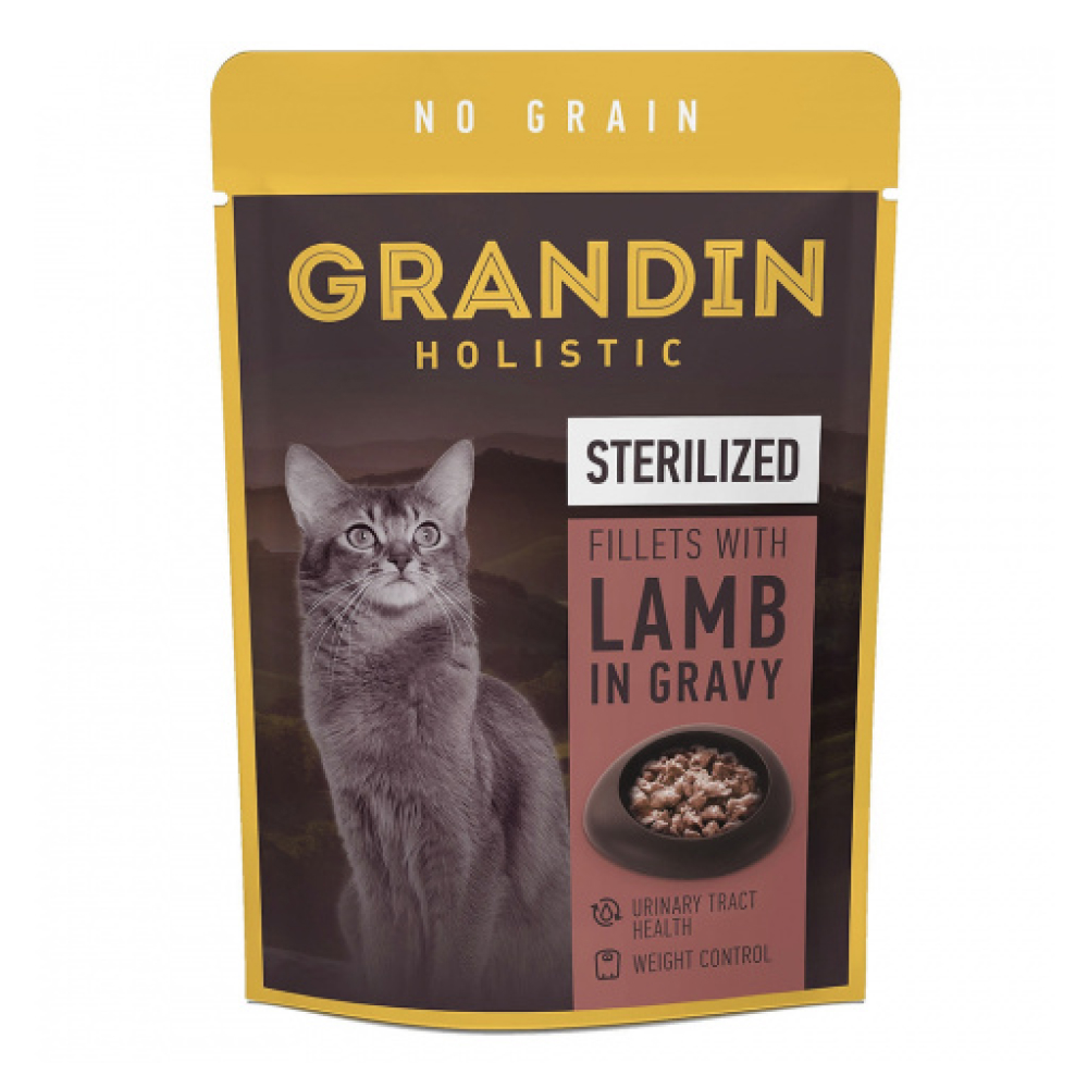 Grandin Влажный корм для стерилизованных кошек, кусочки с ягненком в соусе без злаков, 85 гр.