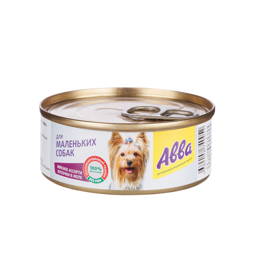 Aвва Влажный корм (консервы) для собак мелких пород, с кусочками мясного ассорти в желе, 100 гр.