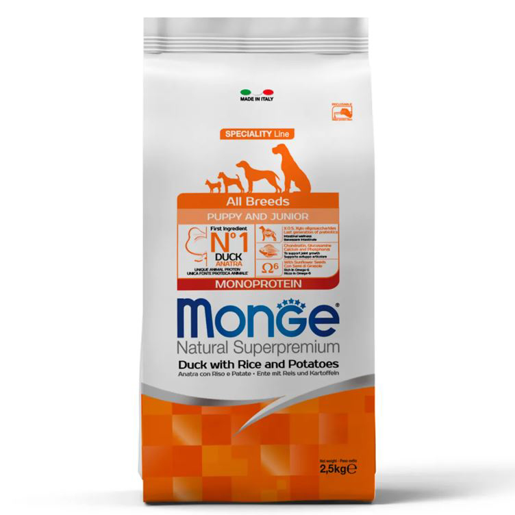 Monge Dog Speciality Line Monoprotein корм для щенков всех пород утка с рисом и картофелем, 2,5 кг