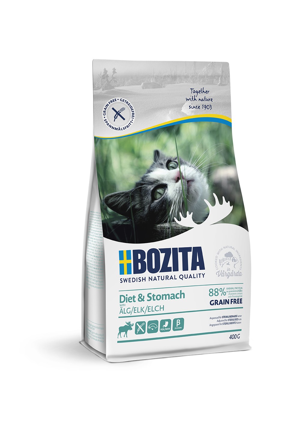 Bozita Diet & Stomach GF Elk сухой беззерновой диетический корм с лосем для кошек, 400г