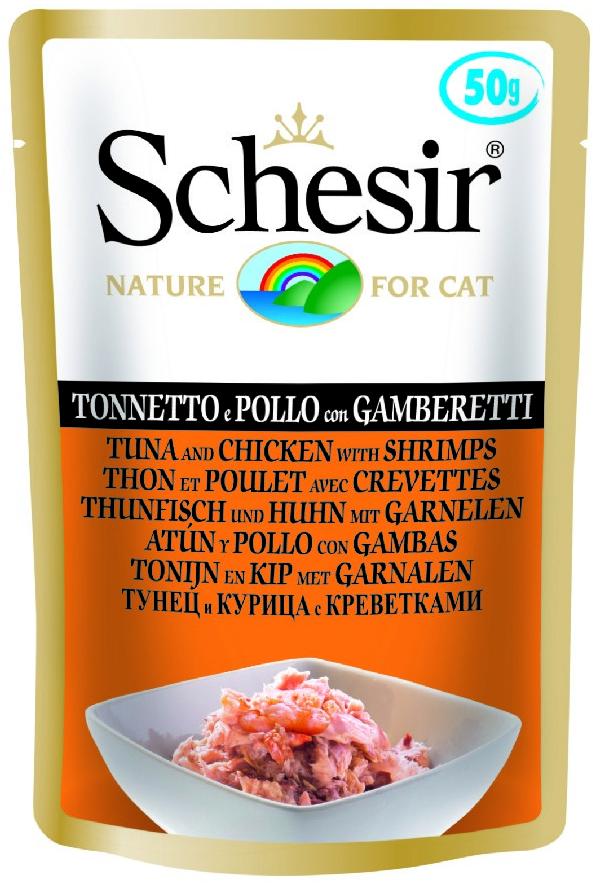 

Schesir консервы д/кошек Тунец, цыпленок с креветками, пауч 50г