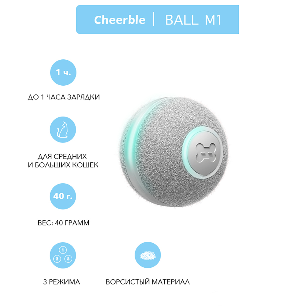 Cheerble Интерактивная игрушка с искусственной шерстью мячик-дразнилка для кошек и котят Ball M1, 42 мм, серая
