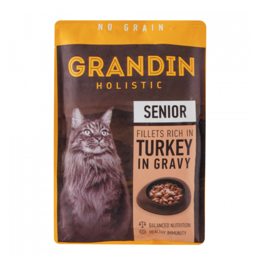 Grandin Влажный корм (пауч) для кошек старше 7 лет, кусочки с индейкой в соусе, 85 гр.