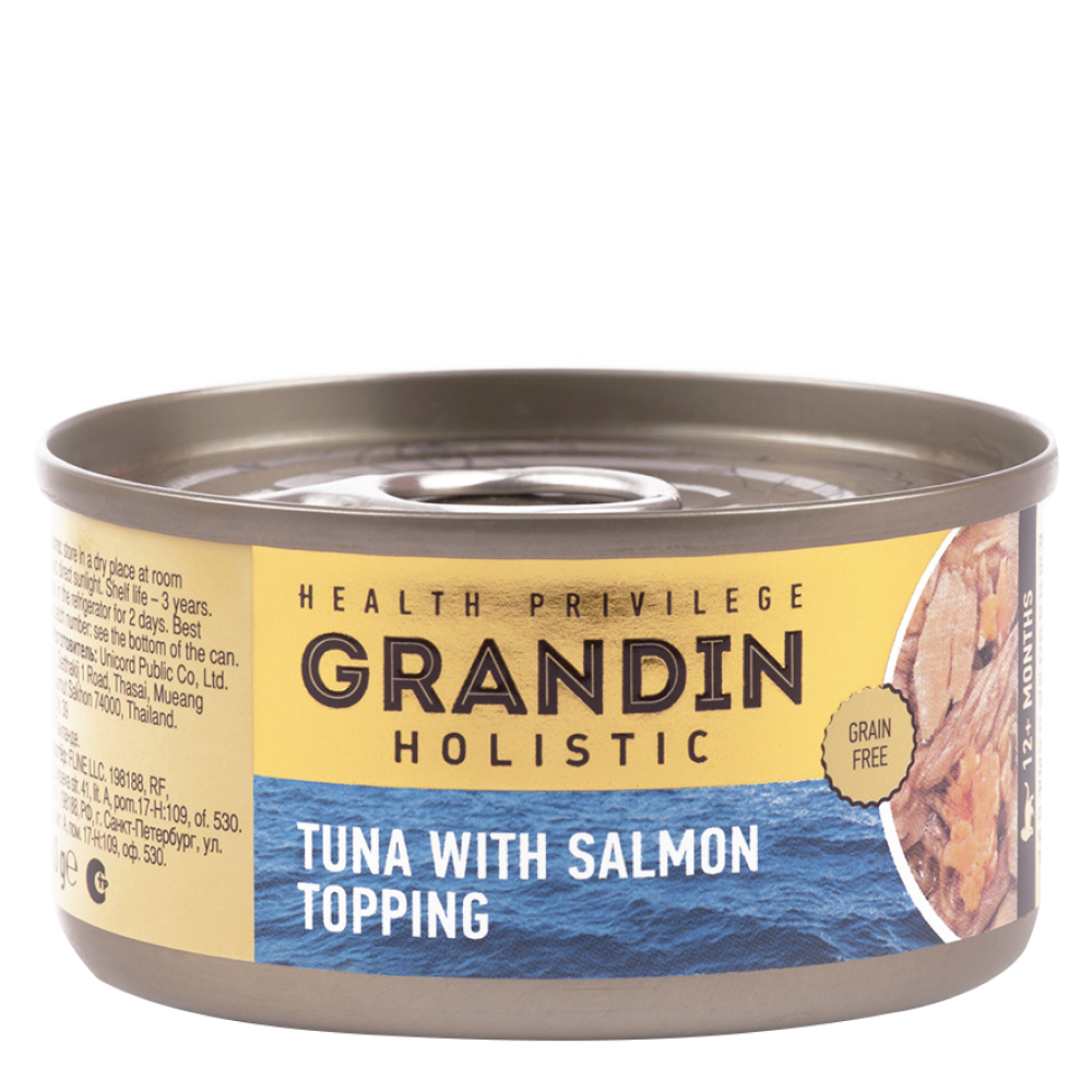Grandin Влажный корм (консервы) для взрослых кошек, филе тунца с топпингом из лосося, 80 гр.