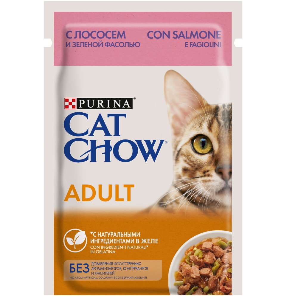 Cat Chow Влажный корм для взрослых кошек, с лососем и зеленой фасолью в желе, 85 г
