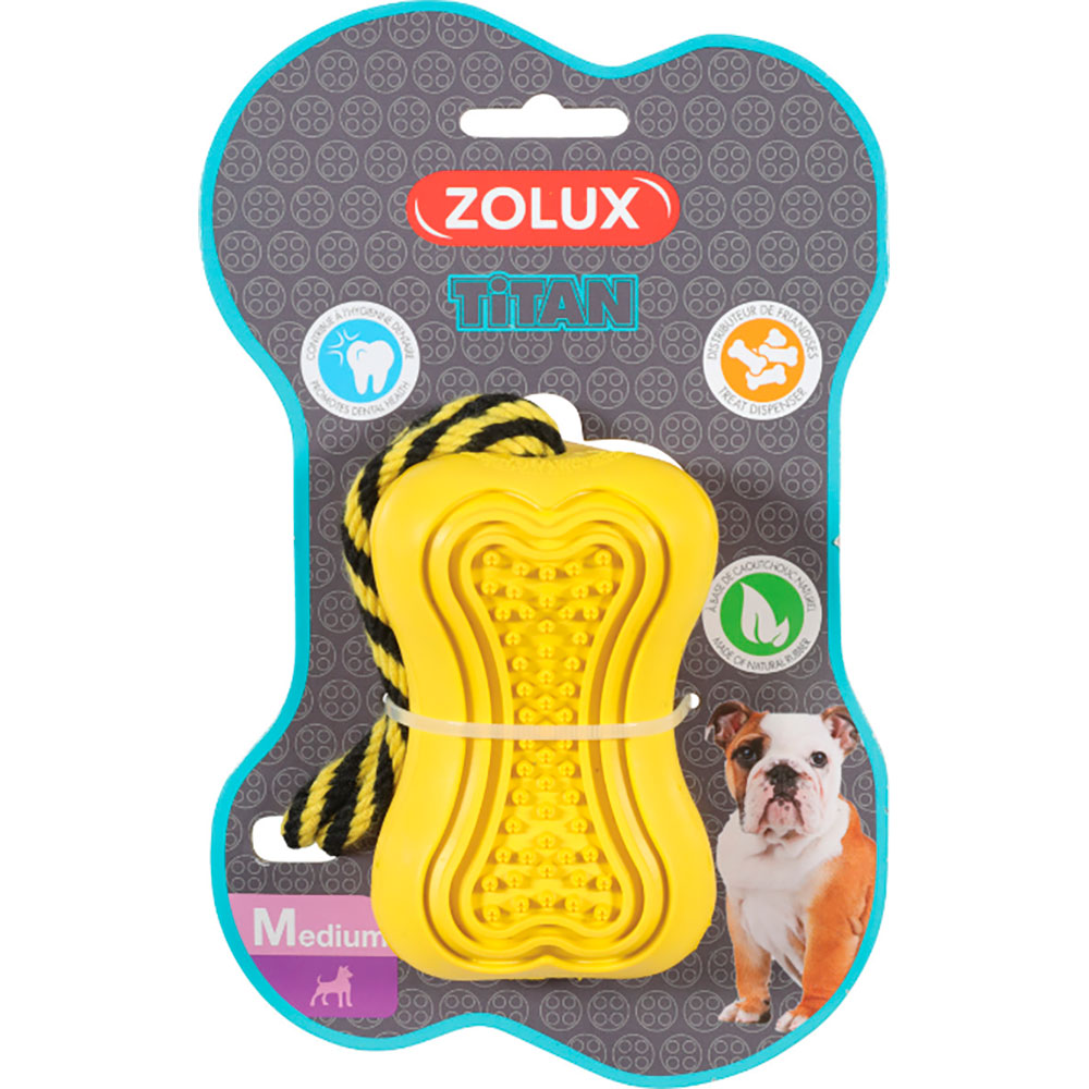 Zolux Игрушка-кормушка с веревкой резиновая Кость Титан, 10 см, желтая