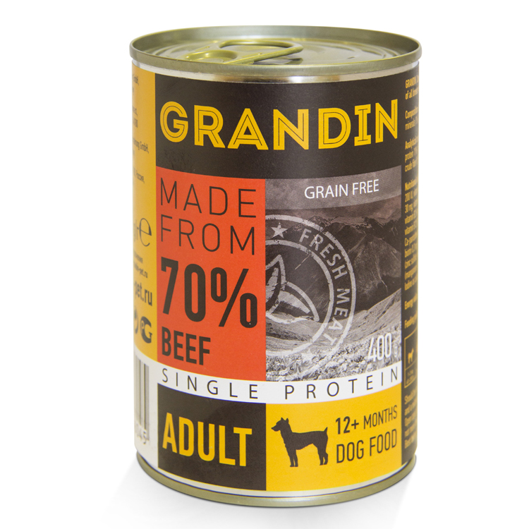 Grandin Adult Влажный корм (консервы) для взрослых собак всех пород, с говядиной и льняным маслом, 200 гр. 