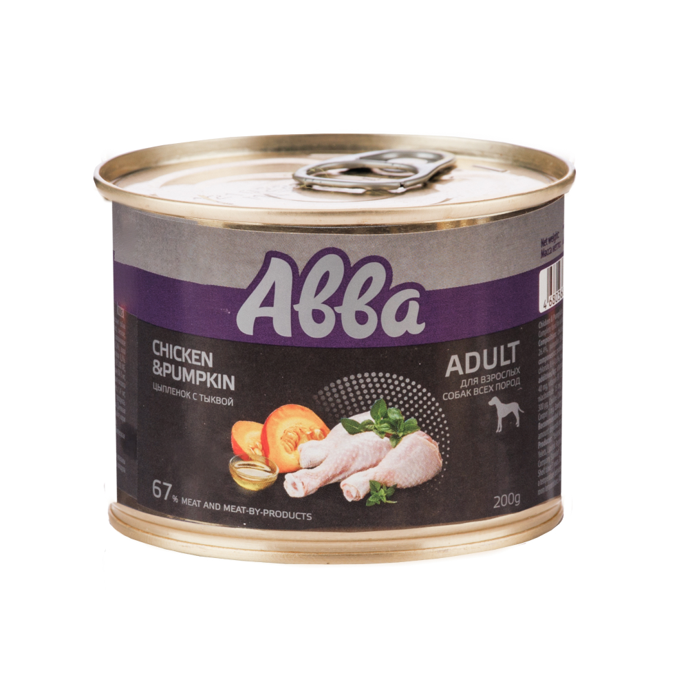Aвва Adult Консервы для взрослых собак всех пород, с цыпленком и тыквой, 200 гр.