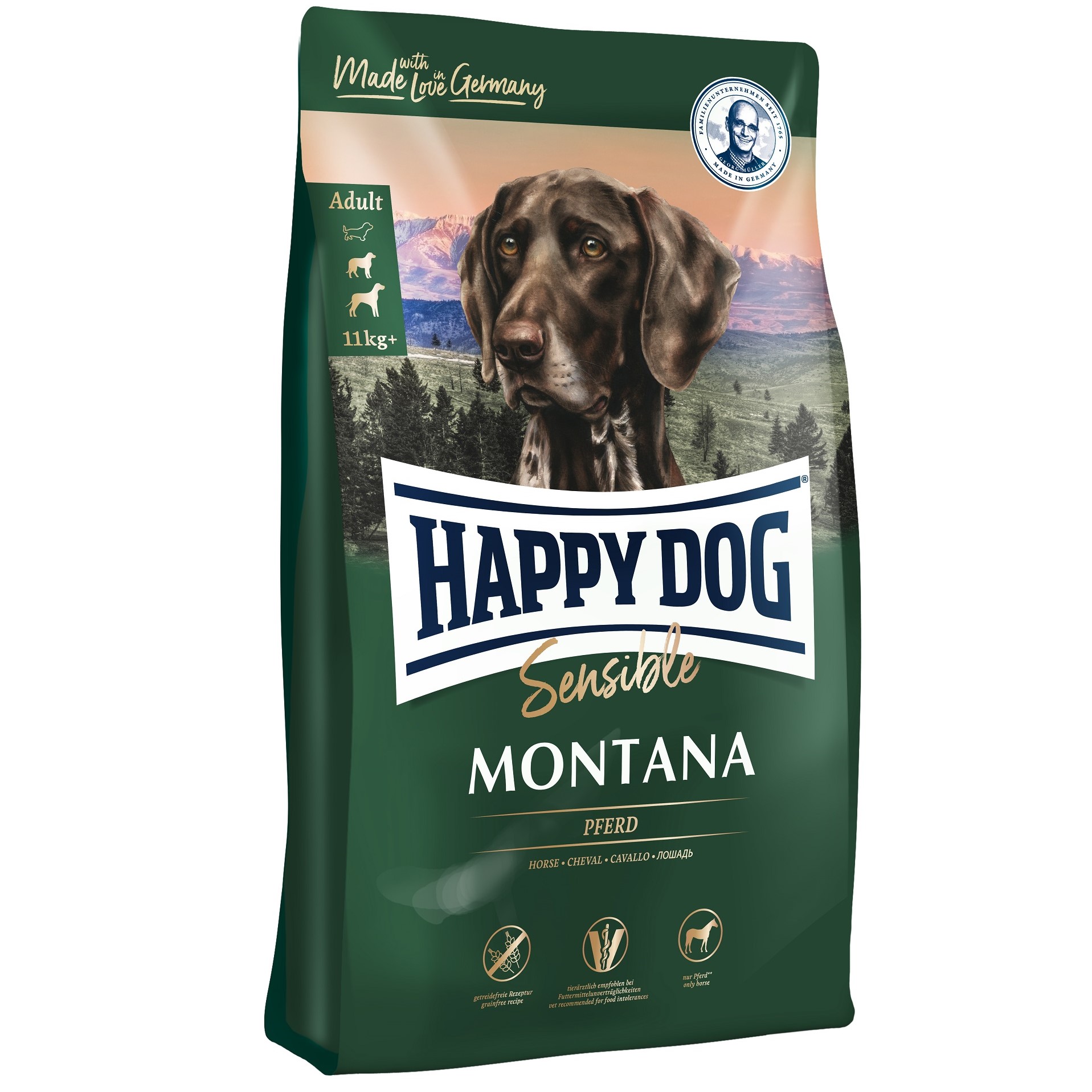 

Happy Dog Supreme Sensible Montana беззерновой, монобелковый корм для собаксредних и крупных пород на основе конины с картофелем 10 кг