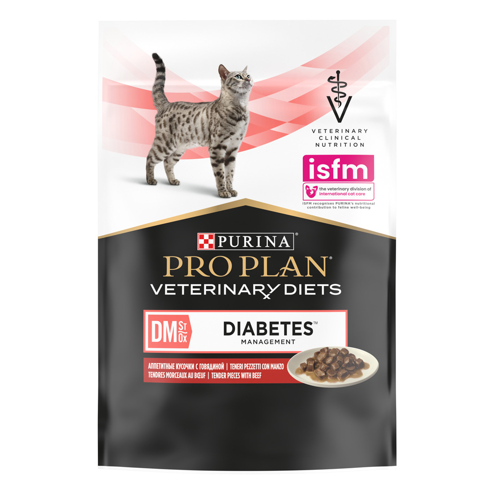 PRO PLAN® Veterinary Diets DM ST/OX Diabetes Management Влажный диетический корм (пауч) для кошек при сахарном диабете, с говядиной в соусе, 85 гр.