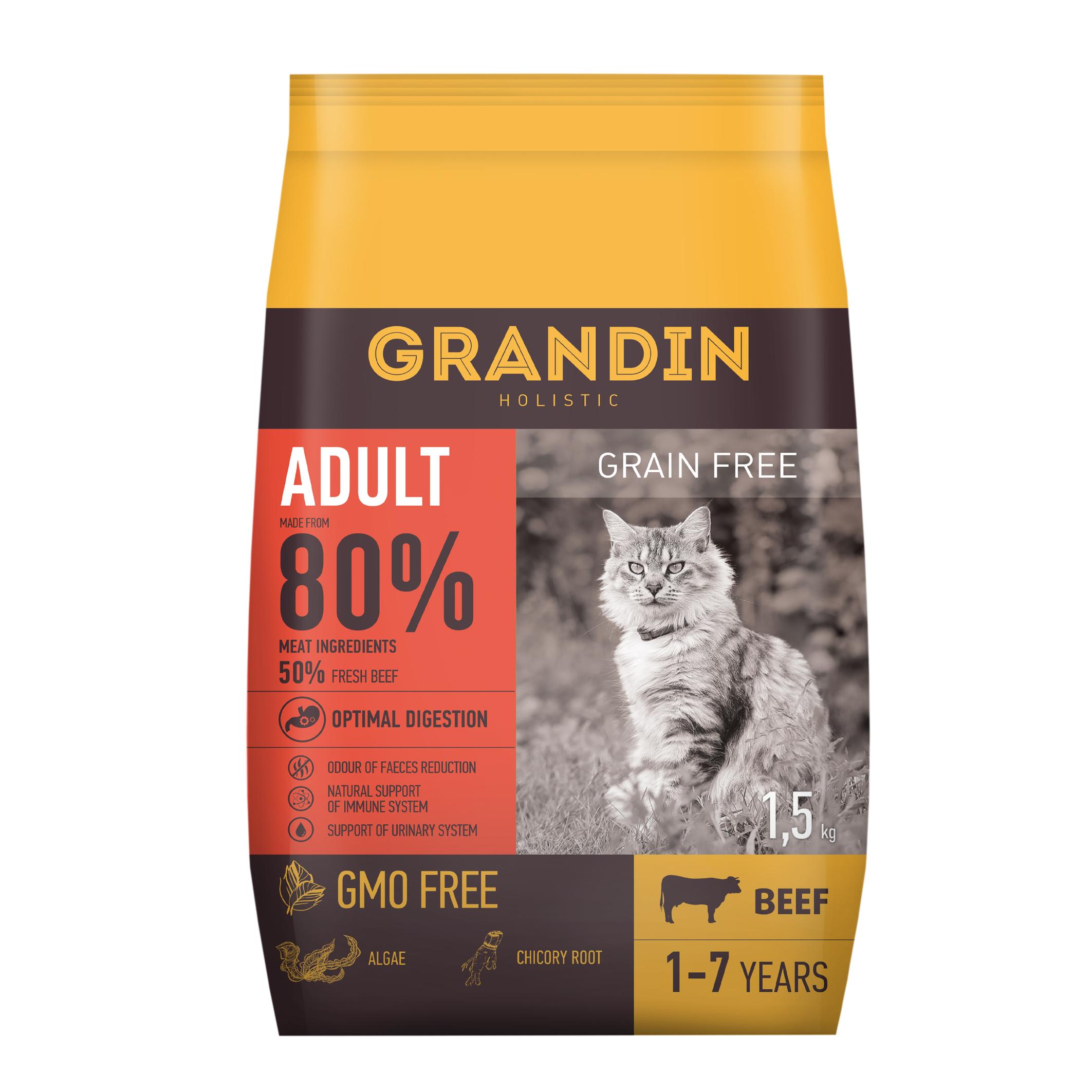 

Grandin Adult корм для взрослых кошек в возрасте от 1 года до 7 лет, с говядиной, 1,5 кг