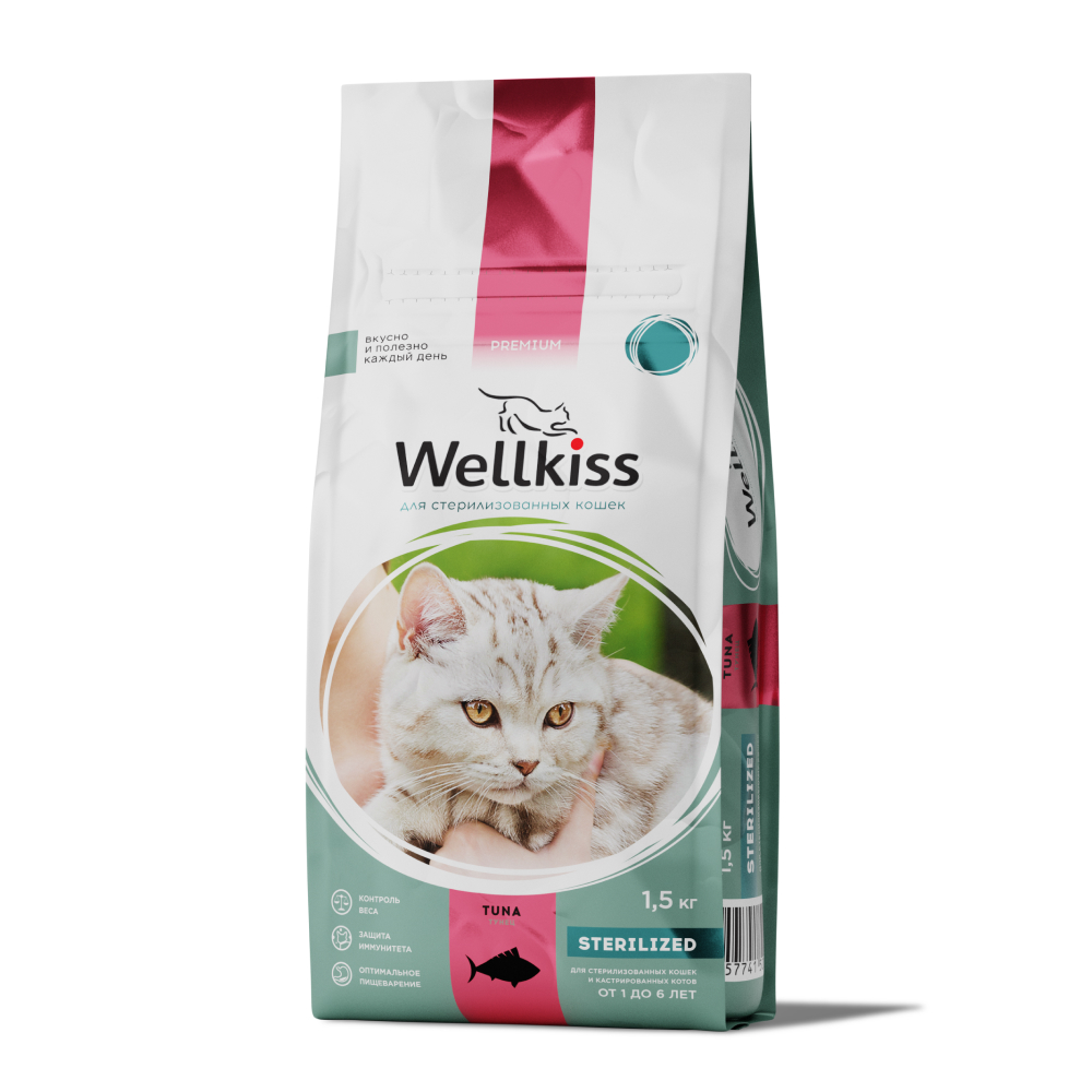 Wellkiss Sterilized Корм сухой для стерилизованных кошек, с тунцом, 1.5 кг