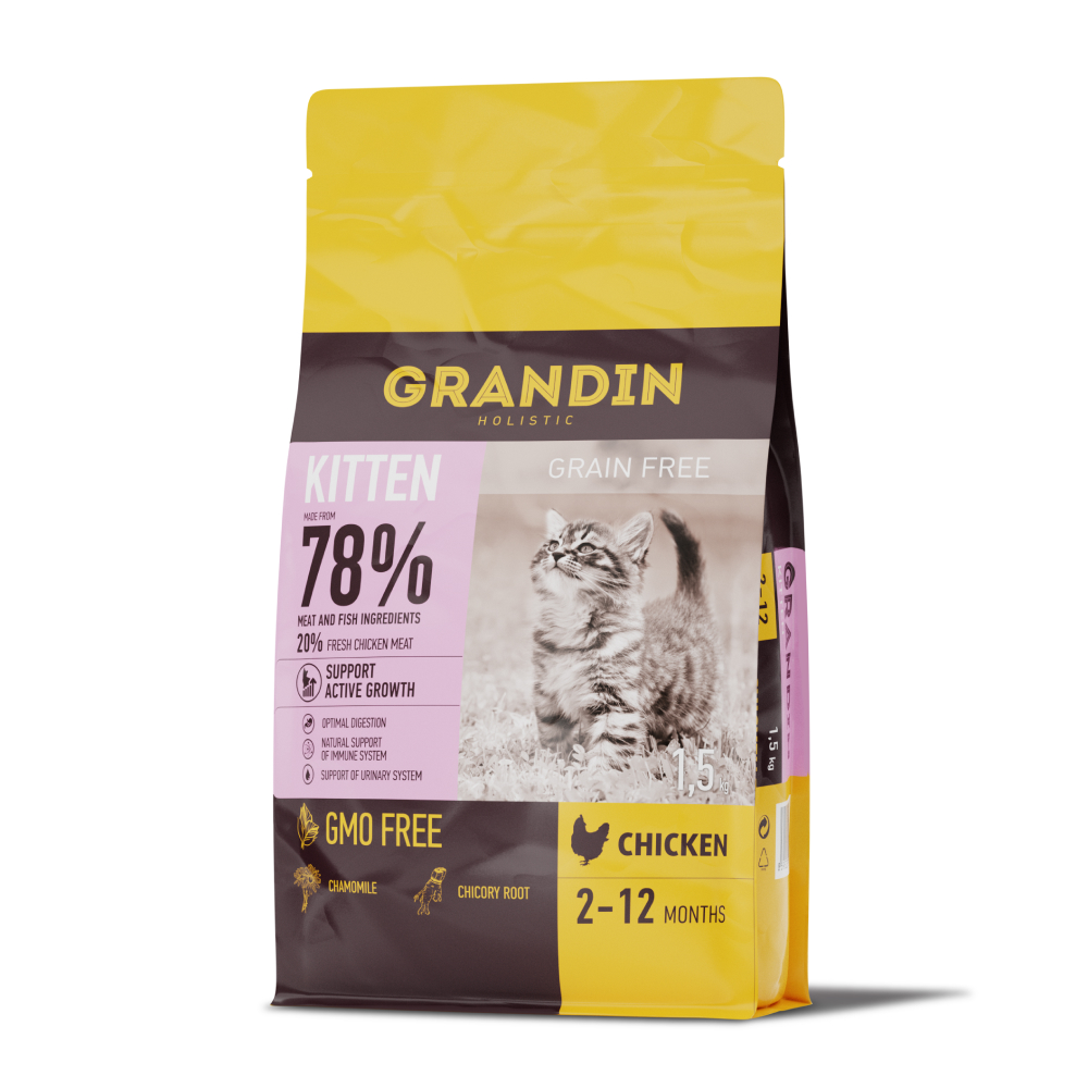 Grandin Kitten Сухой корм для котят, беременных и кормящих кошек, 1,5 кг