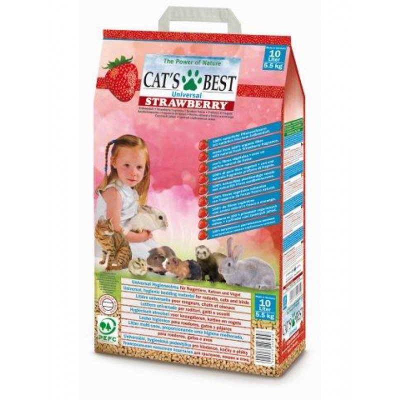 Cat's Best Universal Strawberry наполнитель для туалетов домашних животных, древесный, впитывающий, с запахом клубники, 10 л