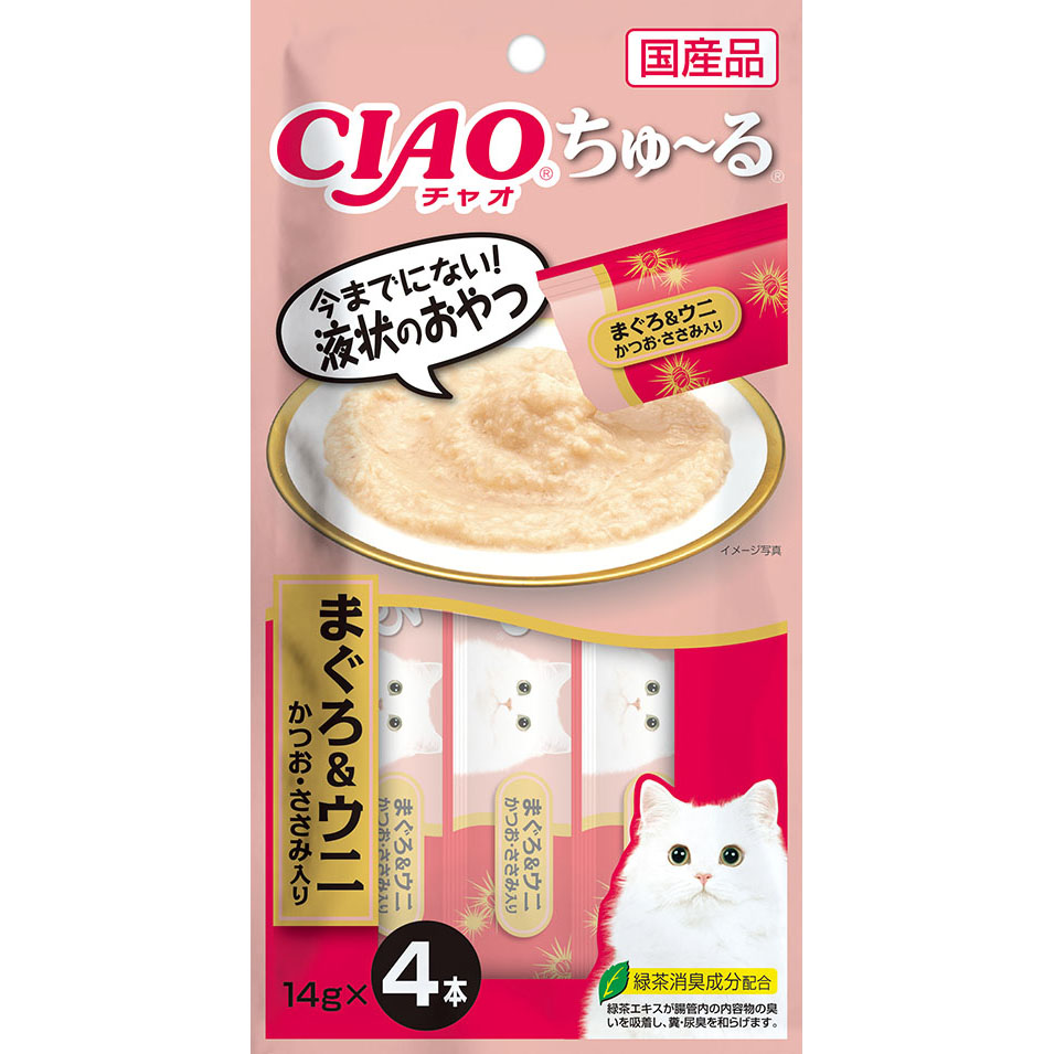 CIAO Лакомство-пюре для кошек Тунец кацуо с морским ежом, 56 гр
