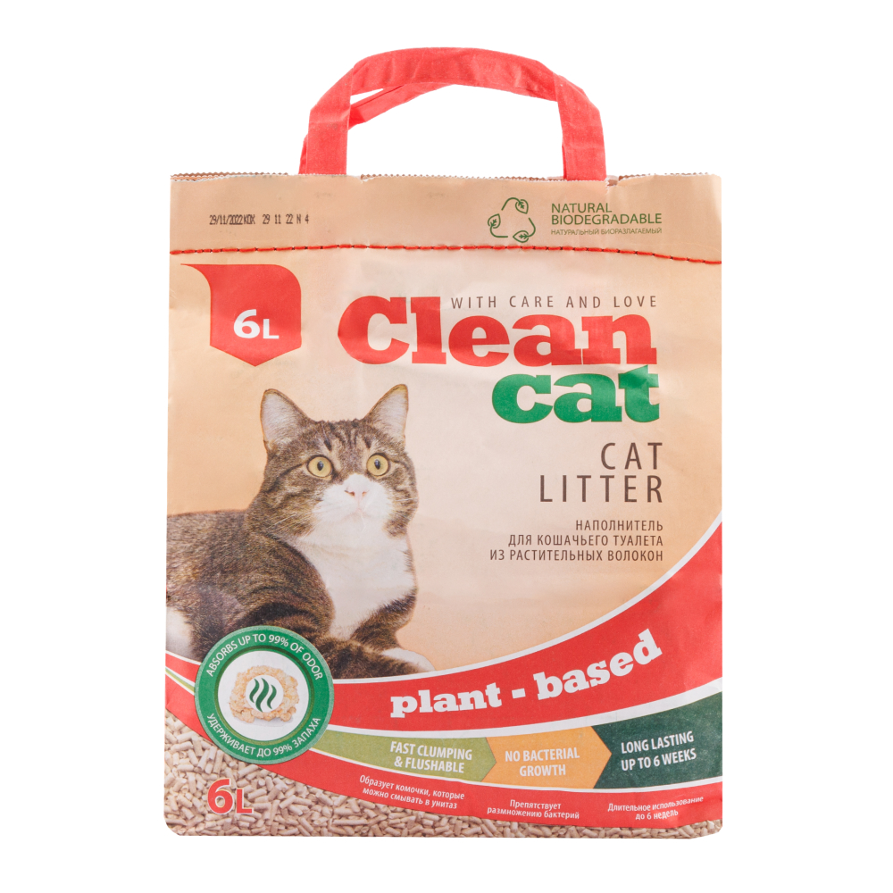 Clean Cat Наполнитель комкующийся из растительных волокон для кошачьего туалета, 6 л