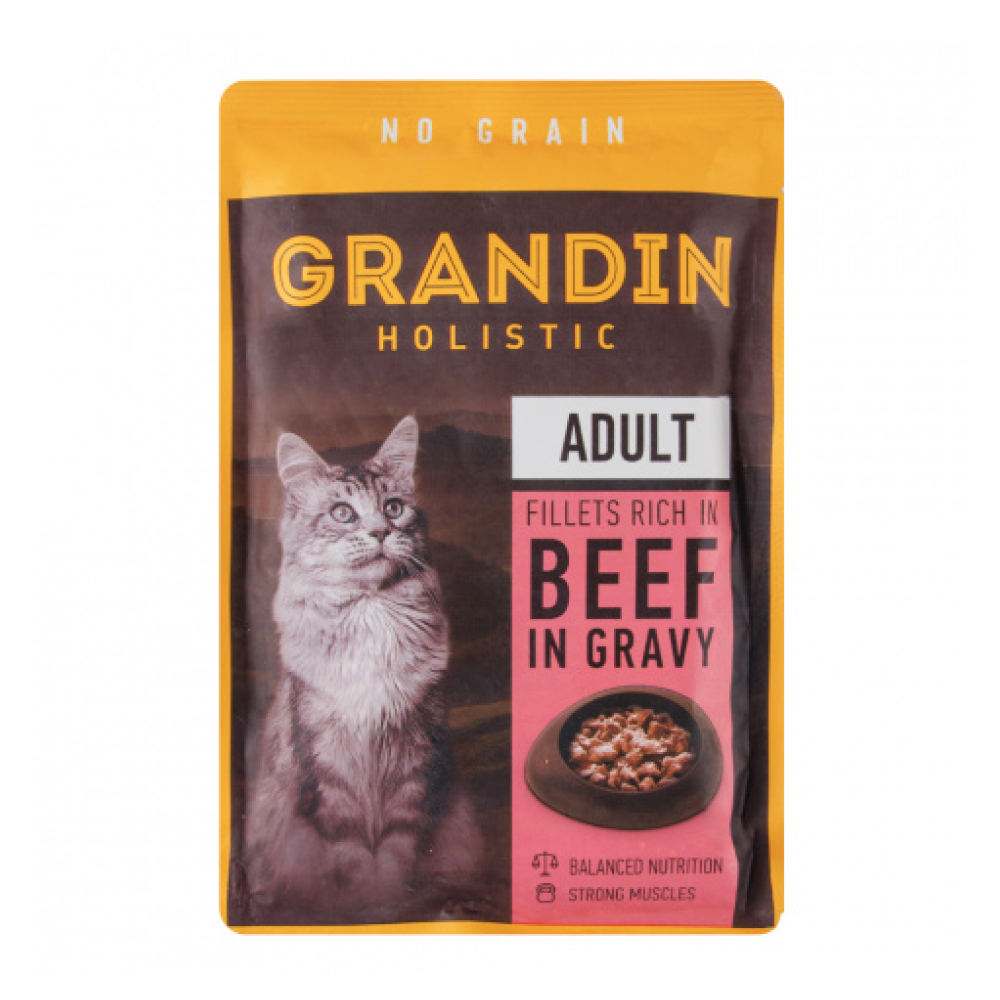 Grandin Влажный корм (пауч) для кошек, кусочки с говядиной в соусе, 85 гр.
