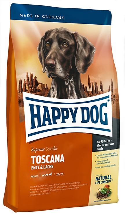 

Happy Dog Toscana для кастрированных/стерилизованных собак средних и крупных пород, с уткой и лососем, 4 кг
