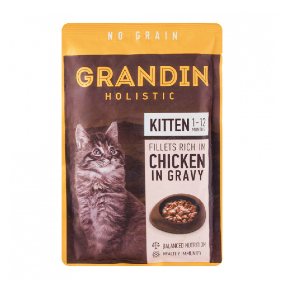 Grandin Влажный корм (пауч) для котят, кусочки с курицей в соусе, 85 гр.