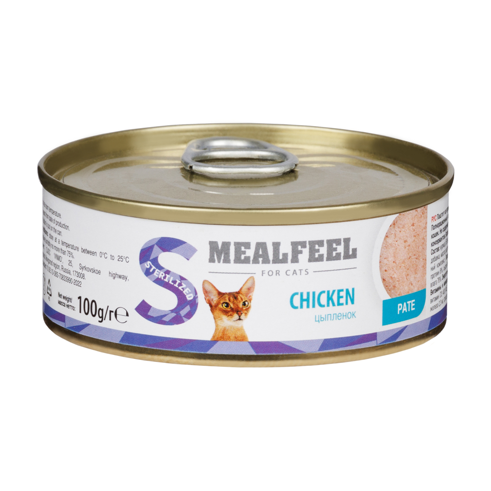 Mealfeel Sterilized Влажный корм (консервы) для стерилизованных кошек, паштет из курицы, 100 гр.