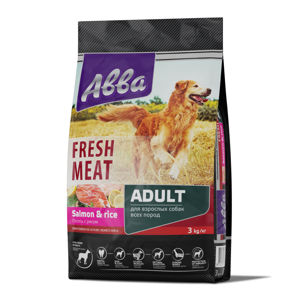Aвва Premium Fresh Meat Adult сухой корм для собак всех пород старше 1 года, с лососем и рисом, 3 кг