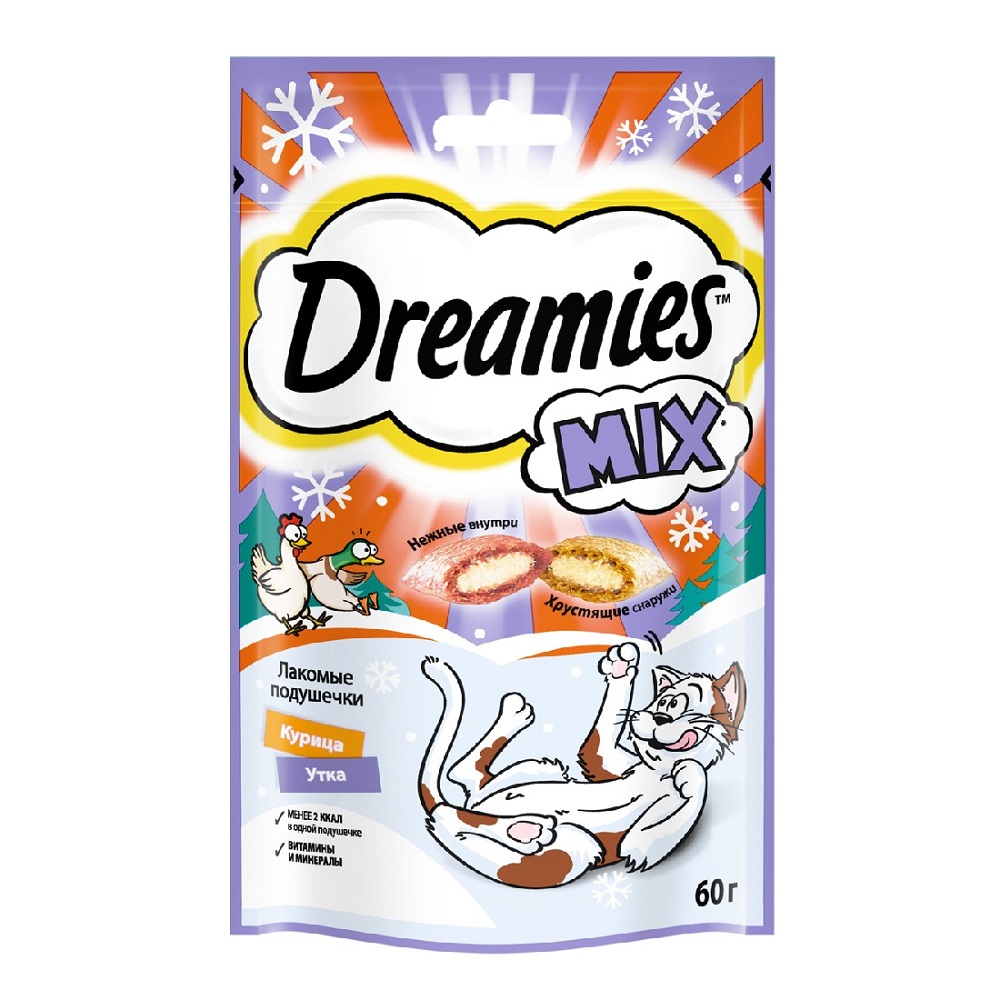 

Dreamies Лакомство для взрослых кошек с курицей и уткой, новогодний микс, 60 г