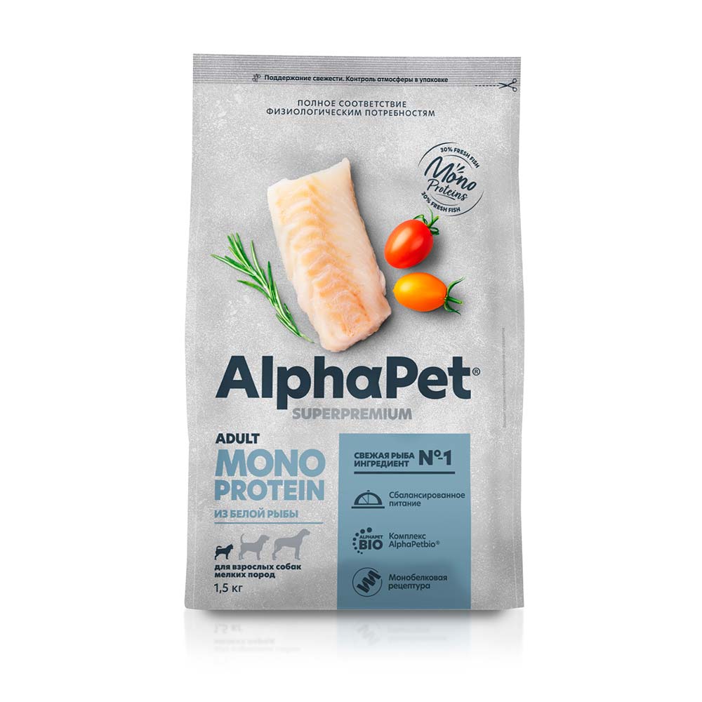 

AlphaPet Abult Monoprotein Сухой корм для взрослых собак мелких пород, с белой рыбой, 1,5 кг