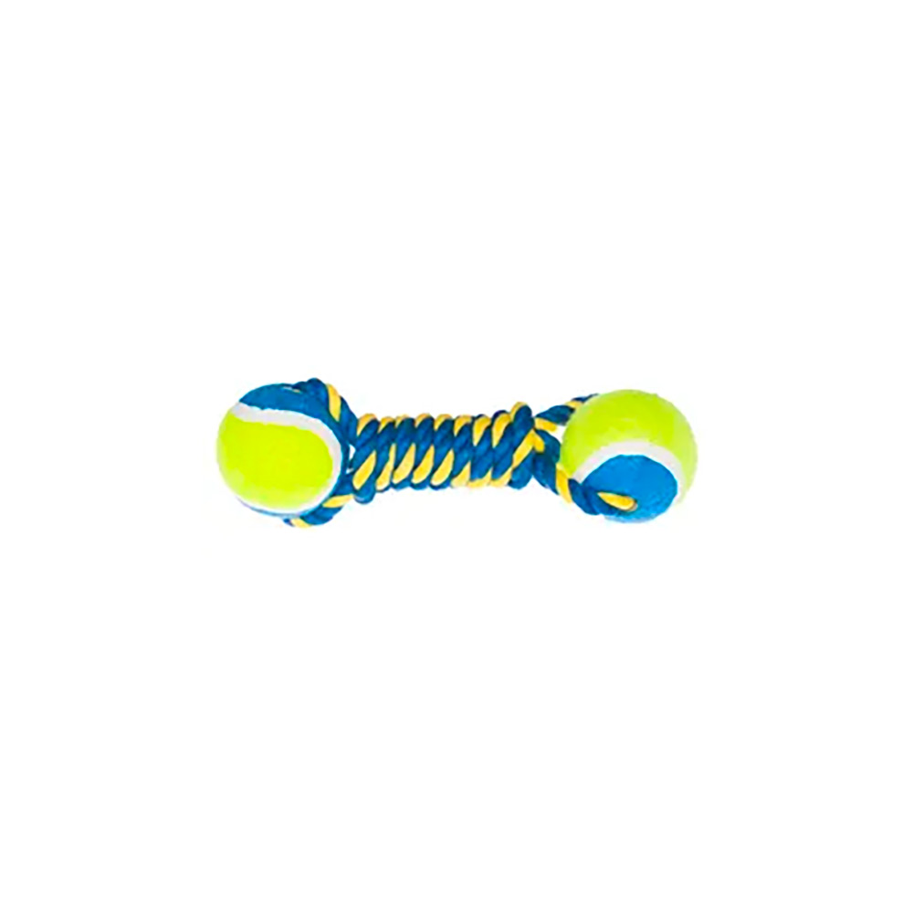 Petmax Игрушка для собак Гантель из теннисных мячей на веревке, синий с желтым 22 см