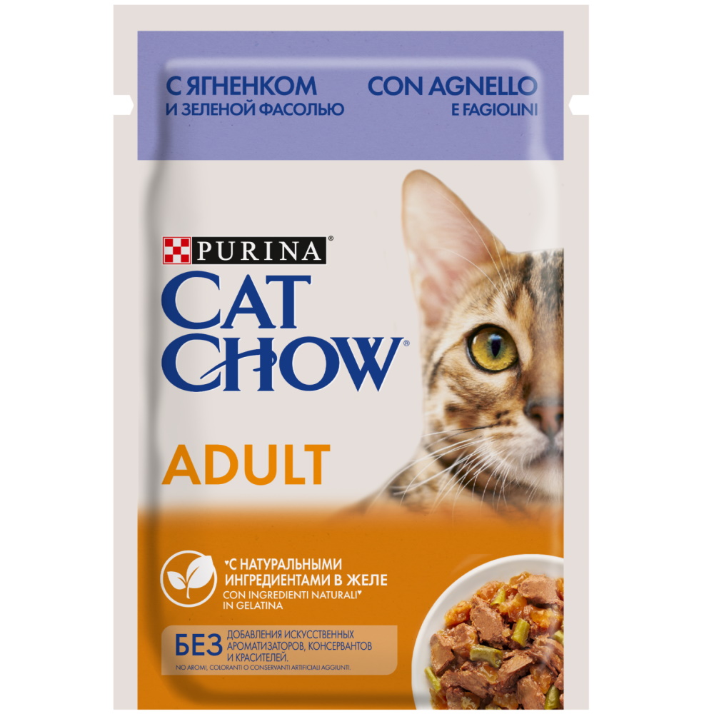 Cat Chow Влажный корм для взрослых кошек, с ягненком и зеленой фасолью в желе, 85 г