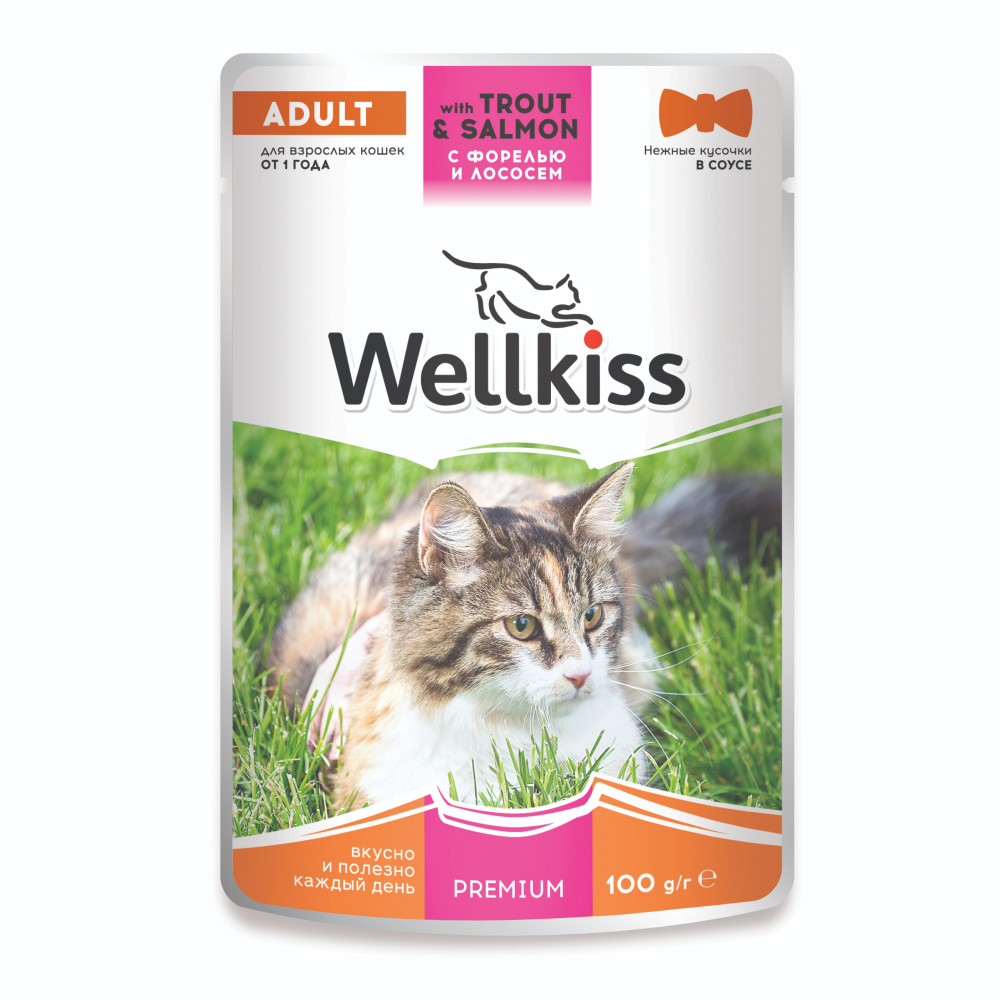 

Wellkiss Adult Влажный корм для взрослых кошек, с форелью и лососем в соусе, 100 гр.