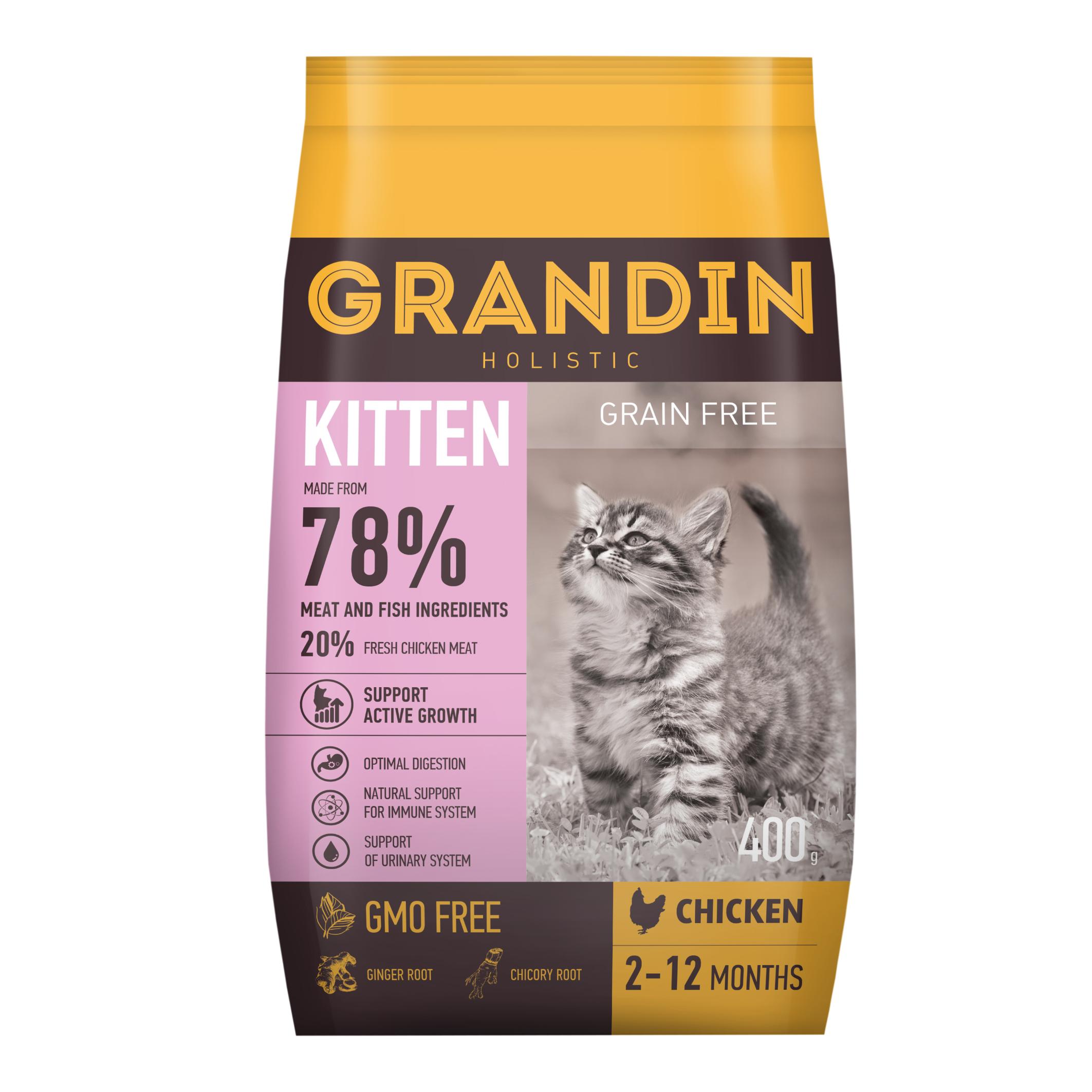 Grandin Kitten Корм сухой для котят в возрасте до 12 месяцев, беременных и кормящих кошек, с курицей, 400 гр.