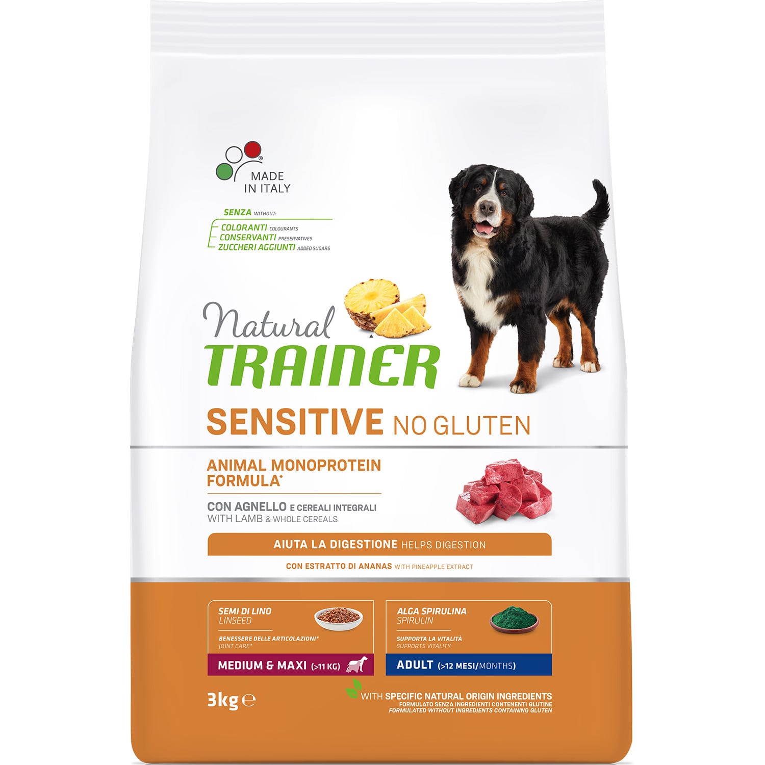 

Trainer Natural No Gluten Medium/Maxi Adult корм для собак средних и крупныхпород, с ягненком и рисом, 3 кг