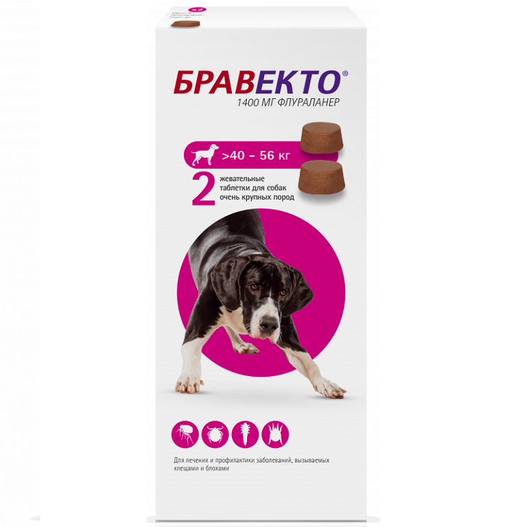 Таблетки для собак 40-56 кг от блох и клещей, 2 таб