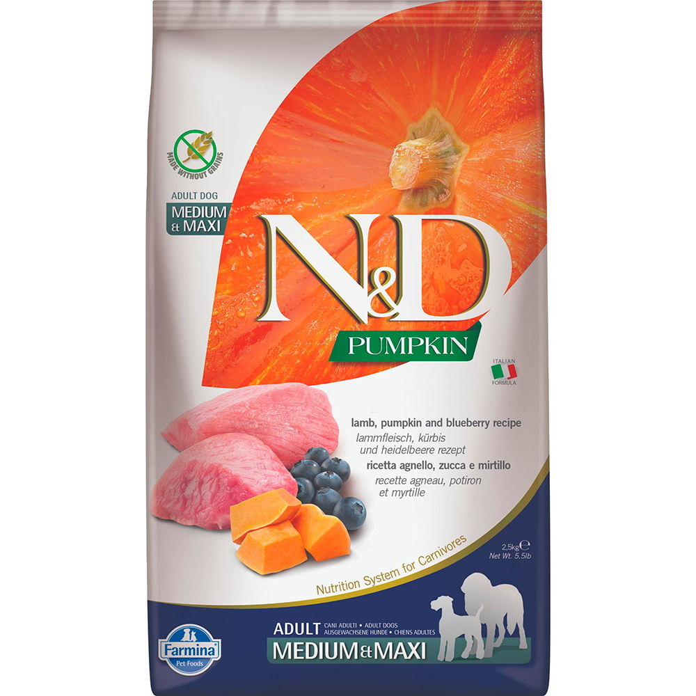 N&D PUMPKIN сухой корм для собак средних и крупных пород, с ягненком, тыквой и черникой, 2,5кг