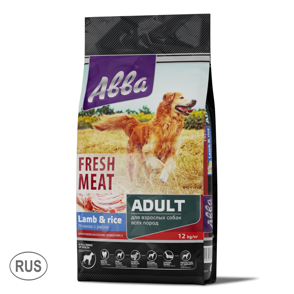 Fresh meat Корм сухой на основе свежего мяса для взрослых собак всех пород, с ягненком и рисом, 12 кг