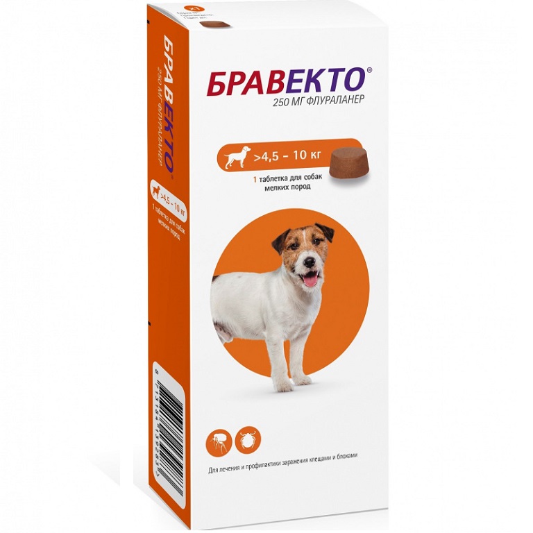 Таблетки для собак весом от 4,5 до 10 кг от блох и клещей, 1табл.