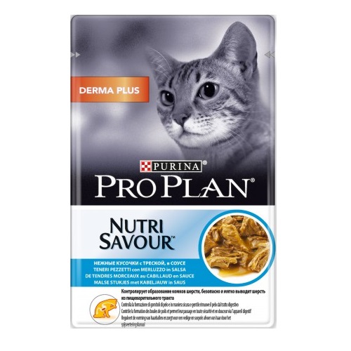 Nutrisavour Derma Plus влажный корм для кошек с чувствительной кожей, с треской в соусе, 85 г